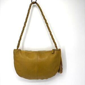 Paolo Masi Purse Mustard Yellow Italian Pebbled Leather Braided Straps Tassel
